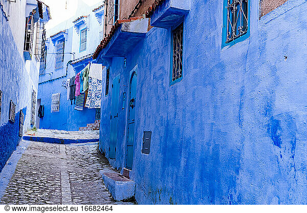empty street in the blue city of Chefchaouen  Morocco