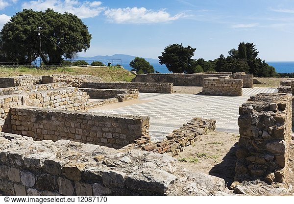 Empuries also known as Ampurias  Girona Province  Catalonia  Spain. In situ mosaic floor of Roman villa. Empuries was founded by the Greeks in the 6th century BC as a trading town and later became part of the Roman empire.