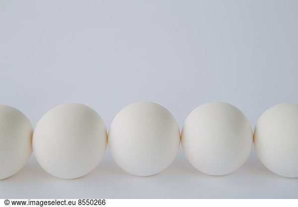 Endansicht der Freilandhaltung  Bio-Eier mit weißen Schalen in einer Reihe angeordnet  auf weißem Hintergrund.