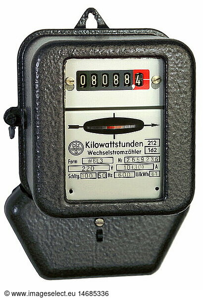 energy  electricity  electric meter  Germany  1960s  60s  20th century  historic  historical  electricity meter  electric meters  electricity meters  alternating current  kilowatt-hour  kilowatt-hours  symbol  squandering  saving energy  charges  charge  price  power supply  still  clipping  cut out  cut-out  cut-outs