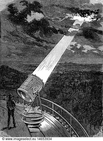 energy  electricity  light  a searchlight  developed by the French military officer Mangin and mounted on the Eiffel tower  illuminating a cloud  wood engraving  late 19th century  electrical  electric  searchlight  searchlights  beam of light  light ray  beams of light  light rays  Paris  France  illumination  illuminations  clouds  cloud  invention  inventions  technics  historic  historical