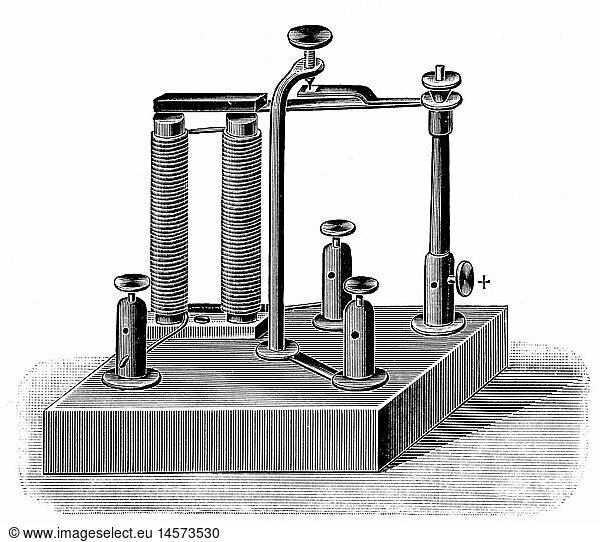 energy  electricity  Wagner's hammer  invented by Johann Philipp Wagner (1799 - 1879)  wood engraving  late 19th century  19th century  machine  machines  invention  inventions  electric power  magnetism  magnet  magnets  electromagnet  electromagnets  breaker  contact breaker  interrupter  interrupters  electromechanics  Rheotom  bell  bells  electrical bell  historic  historical