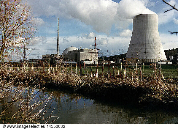 energy  nuclear power  nuclear power plant  Isar 2  Markt Essenbach  Lower Bavaria  Germany  exterior view  1991  Ohu  electricity  cooling tower  smoke  river  1990s  90s  20th century  historic  historical