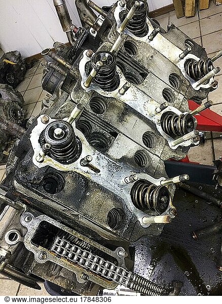 Engine block of air-cooled engine of historic classic sports car classic car Porsche 911 is dismantled for restoration complete overhaul  Germany  Europe