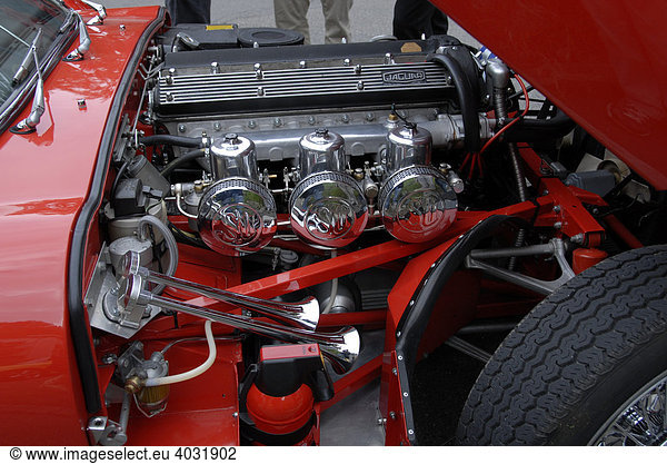 Engine compartment of a Jaguar E Tpye 4  2  retro motor - vintage car festival  Tuebingen  Baden-Wuerttemberg  Germany Europe