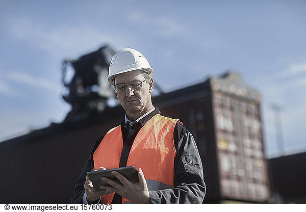 Engineer using digital tablet at port