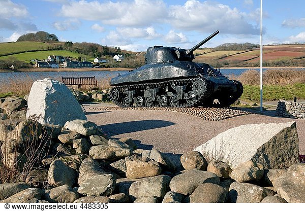 England Devon Torcross Monument to Operation Tiger during the Normandy Landings in 1944 with Sherman Tank
