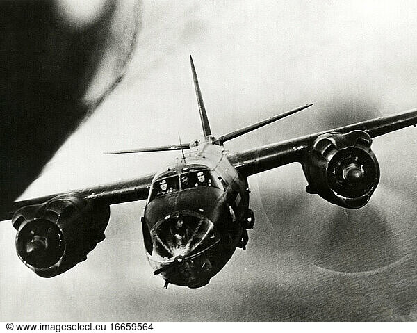 England  March  1944
A very close-up photo of a 9th Air Force B-26 Marauder flying in tight formation during World War II.