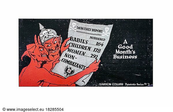 Englische Karikatur  die den Teufel und einen deutschen Soldaten zeigt  die den monatlichen Bericht mit den Zahlen der getöteten unschuldigen Zivilisten betrachten  britische Propaganda  die Deutschland beschuldigt  Gräueltaten zu begehen