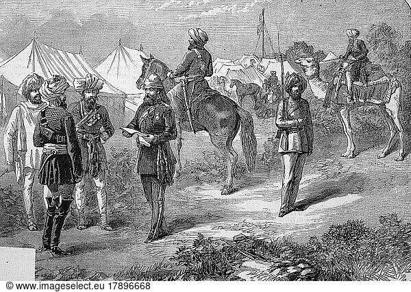 Englische Truppen in Abessinien mit einheimischen Angestellten als Hilfskräfte  1869  Äthiopien  Historisch  digital restaurierte Reproduktion einer Originalvorlage aus dem 19. Jahrhundert  genaues Originaldatum nicht bekannt  Afrika