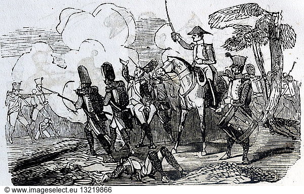 Engraving depicting a battle scene during the Peninsular War