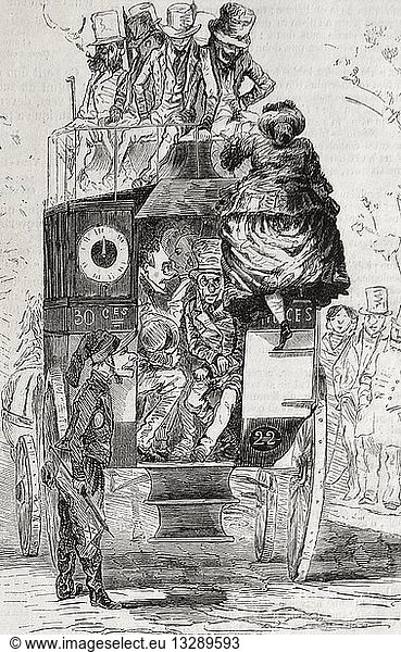 Engraving depicting a large woman climbing onto a bus