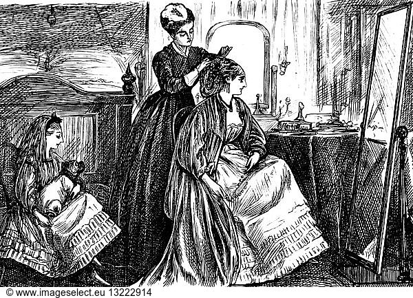 Engraving depicting a maid helping the lady of the house get ready