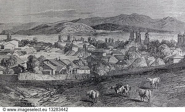 Engraving depicting a small French town