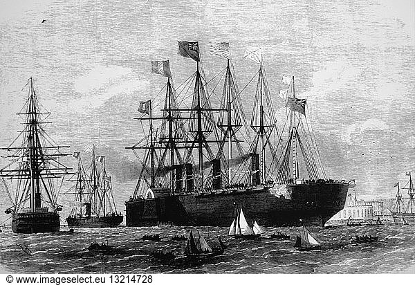 Engraving depicting the 'Great Eastern' used during the creation of the Atlantic Telegraph