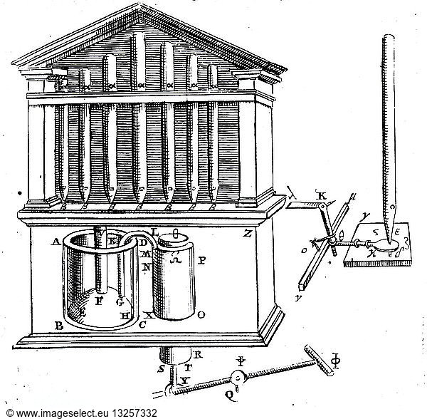 Engraving depicting the Hero of Alexandria's design for a pneumatic organ