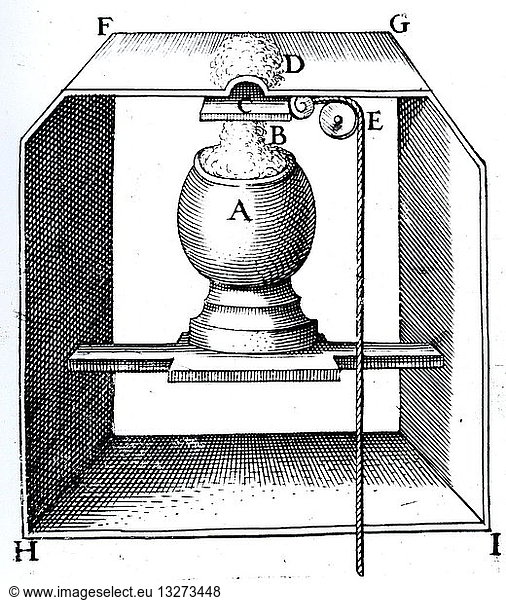 Engraving depicting the Hero of Alexandria's method of secretly setting fire to sacrifice on altar