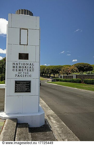 Entrance plaque  National Memorial Cemetery of the Pacific  military cemetery in Punchbowl Crater  Honolulu  Oahu  Hawaii  USA  North America