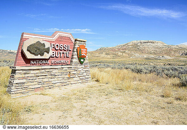 Entrance sign to the Fossil Butte National Monument  U.S. National Park Service  Wyoming  USA
