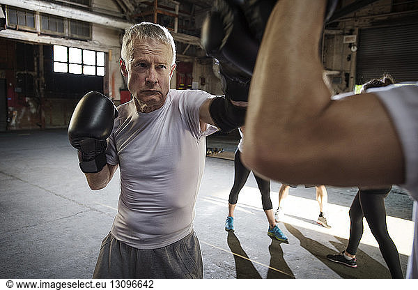 Entschlossener älterer männlicher Boxer  der mit einem Freund im Fitnessclub trainiert