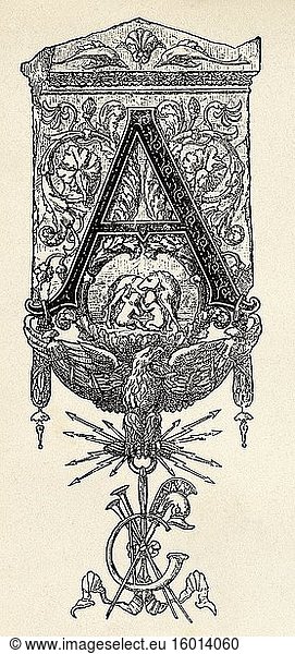Entwurf aus dem 19. Jahrhundert  Anfangsbuchstabe A. Alte gestochene Illustration aus dem 19. Jahrhundert  El Mundo Ilustrado 1880.