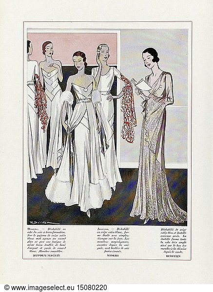 Entwurf für Abendkleider von Depouy-Magnin  Worth und Redfern  Pub. 1931 (Farblithographie). Schöpfer: Französische Schule (20. Jahrhundert).