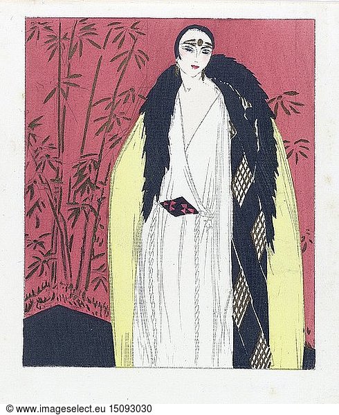 Entwurf für ein Abendkleid mit pelzbesetztem Umhang  Pub. 1924 (Pochoir-Druck). Schöpfer: Französische Schule (20. Jahrhundert).
