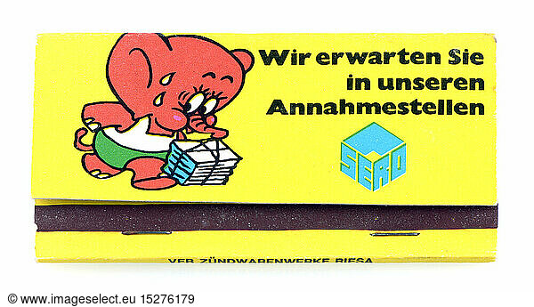 environment  'Emmy'  advertising character of the SERO  buying organisation for recyclables  on matchbox  East-Germany  1980s