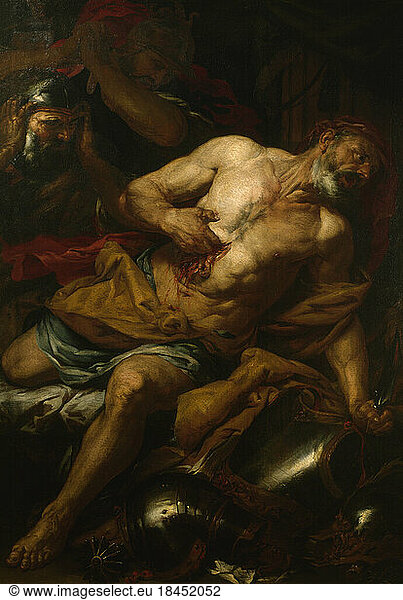 Epaminondas; Theban general; c. 420 - 362 BC. - 'The Death of Epaminodas.' - (After the battle against the Spartans at Mantineia in 362 BC).Painting  c. 1666/76  by Giovanni Battista Langetti (1625-1676).Oil on canvas  173 x 120.5 cm. Inv. no. 1552.Basel  Museum of Art.