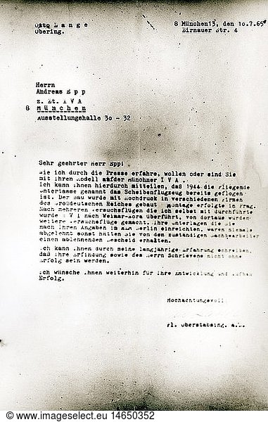 Epp  Joseph Andreas  1914 - 1997  German inventor  documents  letter from engineer Otto Lange for RFZ (aircrafts project Miethe Belluzo) to Epp  10.7.1965