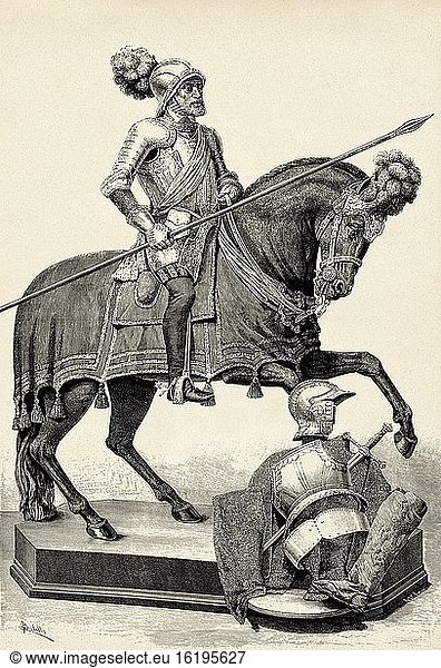 Equestrian portrait of Charles V at the Battle of M?hlberg and Trophy of the arms of the Elector of Saxony  Spain. Old XIX century engraved illustration from La Ilustracion Espa?ola y Americana 1894.