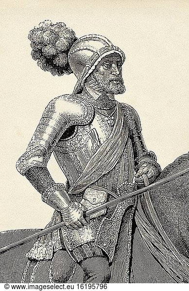 Equestrian portrait of Charles V at the Battle of M?hlberg  Spain. Old XIX century engraved illustration from La Ilustracion Espa?ola y Americana 1894.