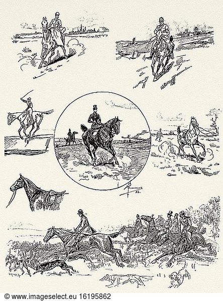 Equestrian sports in 19th century. Old XIX century engraved illustration from La Ilustracion Espa?ola y Americana 1894.