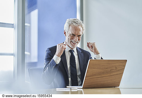 Erfolgreicher Geschäftsmann mit Laptop am Schreibtisch im Büro