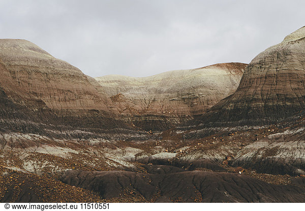Erhöhter Blick auf die Felsformationen der Painted Desert im Versteinerten Wald des Nationalparks