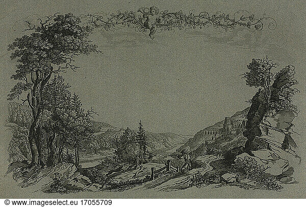Ernst Fries. Six Views of Heidelberg Castle: Cover  Hunting Scene  1820. Print  Etched and engraved grey-blue wove paper cover of bound group of 6 lithographs  50.1 × 0.2 cm.
Inv. No. 2010.280.2 
Cleveland  Museum of Art.