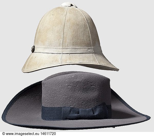 Estate of a Schutztruppen officer  German Southwest Africa  Cameroon 1908 Hat for a member of the DSW Schutztruppe (Defense Forces). Grey wool felt  blue hat band and edge trim  metal cockade with push button. Maker Globus  size 56. Hardly worn  however the surfaces heavily moth damaged. White tropical helmet in the English style  maker Christy's London with a German cockade on the band. Marked on the inside 'Pleininger Duala 1908'. 'Report and Logbook  Radio Communications Command Cameroon  23 December 1907 - 31 May 1908' in manuscript and spirit duplicate format  as well as a 'Report on the Equipage of Expeditions with Portable Radio Stations in Cameroon' in spirit duplicate format. Included are five pertinent photographs. Further  two 1:800 000 scale maps of Namutoni and Keetmanshoop  a German Colonial historic  historical  1900s  20th century  navy  naval forces  military  militaria  branch of service  branches of service  armed forces  armed service  object  objects  stills  clipping  clippings  cut out  cut-out  cut-outs  uniform  uniforms  clothes  piece of clothing  headpiece  headpieces  helmet  helmets  accessory  accessories