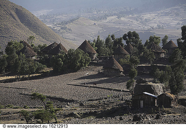 Ethiopia  Mountain villlage  Thatched huts