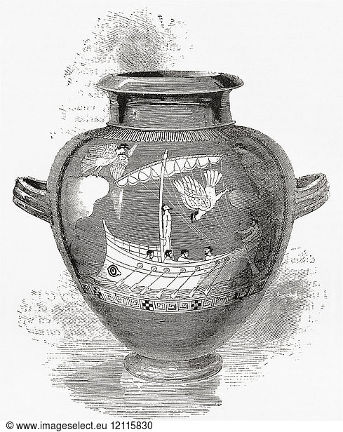 Etruscan Art. Ancient vase representing the story of Ulysses and the Sirens. From Ward and Lock's Illustrated History of the World  published c.1882.