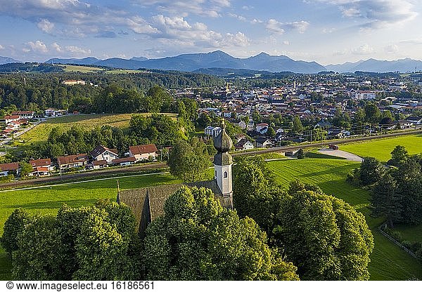 Ettendorf Church of St. Vitus and Anna with Traunstein and Alpine chain  Chiemgau  Upper Bavaria  Bavaria  Germany  Europe