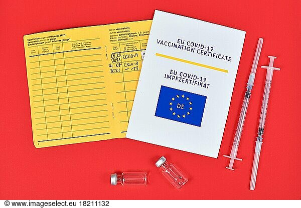EU COVID-19 Impfbescheinigung auf Papier  Impfpass und Spritzen mit Ampullen auf rotem Hintergrund