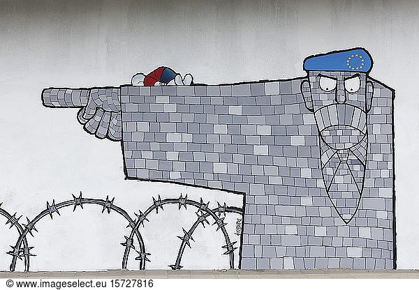 EU weist Flüchtlinge an der Grenze zurück  Stacheldraht und totes Flüchtlingskind  symbolisches Wandbild des Malers George Koftis  Streetart  40 Grad Urban Art Festival  Düsseldorf  Nordrhein-Westfalen  Deutschland  Europa