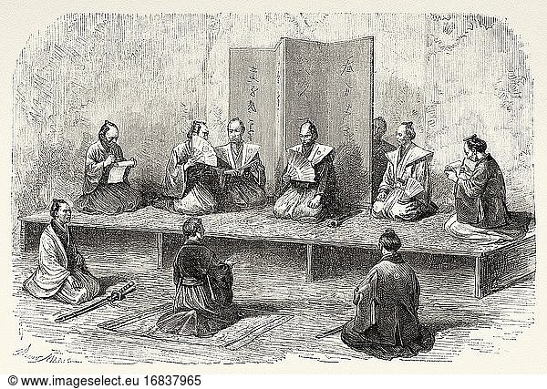 Eugene Collache Prozess in Tokio  Japan. Alte gestochene Illustration aus dem 19. Jahrhundert Reise nach Japan von Eugene Collache aus El Mundo en La Mano 1879.