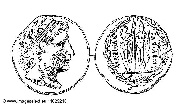 Eumenes II.  221 - 158 vChr.  KÃ¶nig von Pergamon 197 - 158 vChr.  Portrait  MÃ¼nzbild  geprÃ¤gt auf Syros  Xylografie  19. Jahrhundert