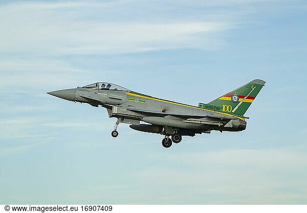 Eurofighter Typhoon aircraft in flight of the Royal air force  Lincolnshire  England  United Kingdom  Europe