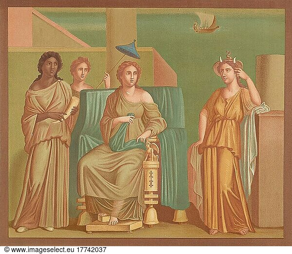 Europa  eine Gestalt der griechischen Mythologie und Afrika  Fresko aus Pompeji  Wandmalerei  Fresko aus dem historischen Pompeji  digital restauriert
