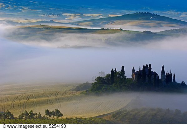 Europa  Morgen  Landschaft  Tal  Morgendämmerung  Nebel  UNESCO-Welterbe  Italien  Siena  Toskana