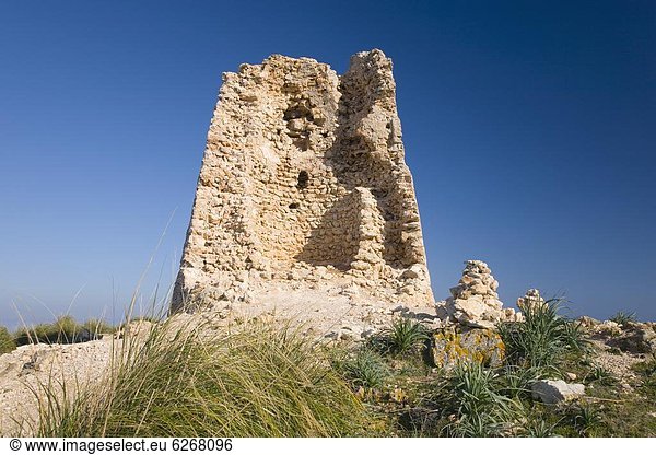 Europa  Sohn  über  Ruine  Mallorca  antik  Balearen  Balearische Inseln  Spanien  Wachturm