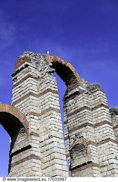 Europa  Spanien  Badajoz  Merida  Römisches Acueducto de los Milagros oder 'Wunderbares Aquädukt' (Detail mit Storchennest).