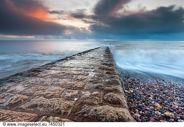 Europa  Strand  Großbritannien  über  Hektik  Druck  hektisch  nebeneinander  neben  Seite an Seite  Wellenbrecher  Devon  England